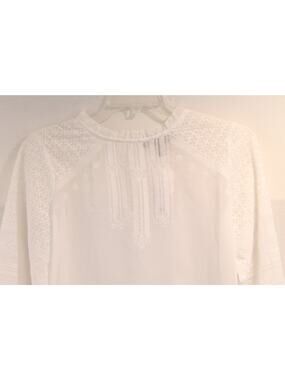 WHBM Embroidered Ruffle Trim Sheer Top Womens size 10 Ivory Bishop Long Sleeves